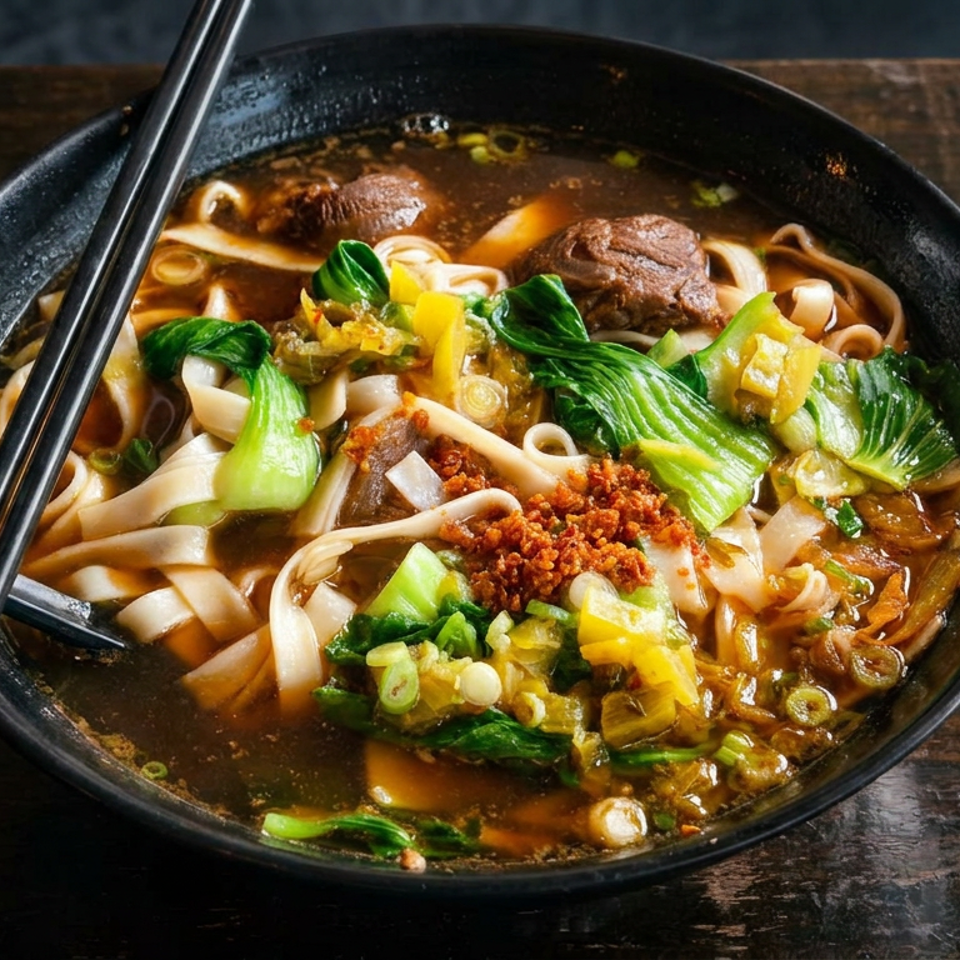 Bowl of savory Asian noodle soup with bok choy, mushrooms, meat, vegetables, and chili topping on a wooden table.