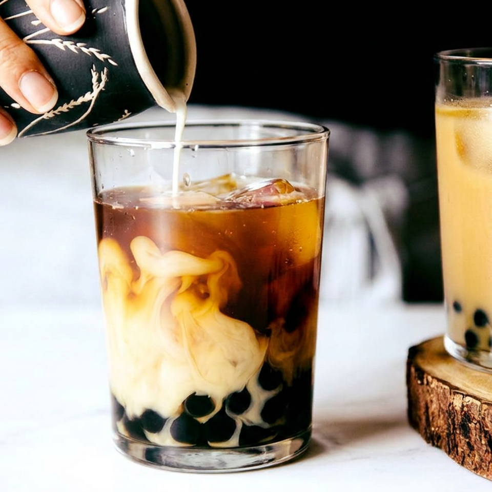 Two iced bubble teas with tapioca pearls, one receiving a pour of cream from a decorated pitcher.