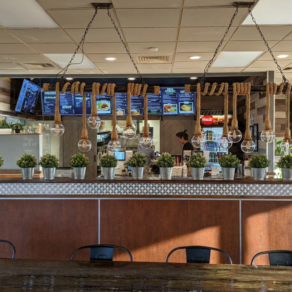Bright restaurant interior featuring a counter with potted plants, hanging rope lights, digital menus, beverage dispensers, and seating.