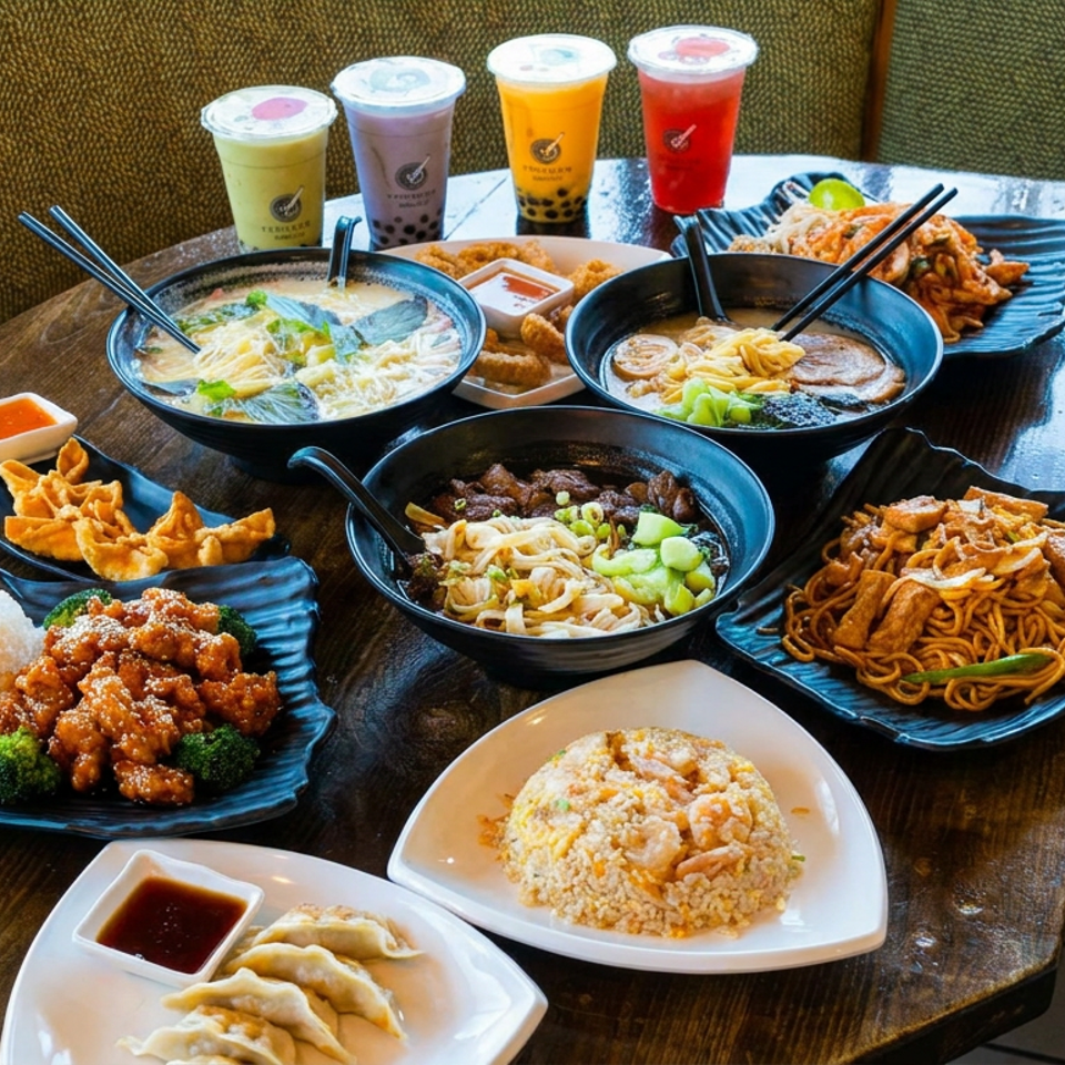 A table laden with Asian dishes including noodles, dumplings, fried rice, chicken, and four colorful bubble teas.