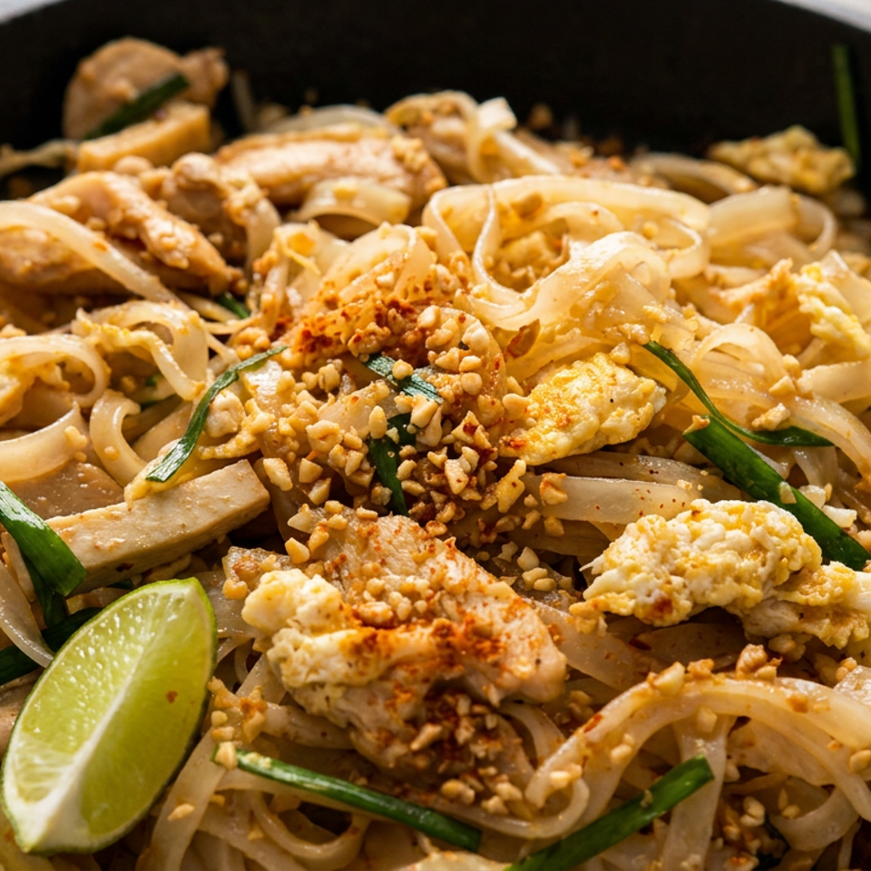 Close-up of Thai-style stir-fried rice noodles with chicken, scrambled egg, peanuts, scallions, and lime wedges in a black bowl.