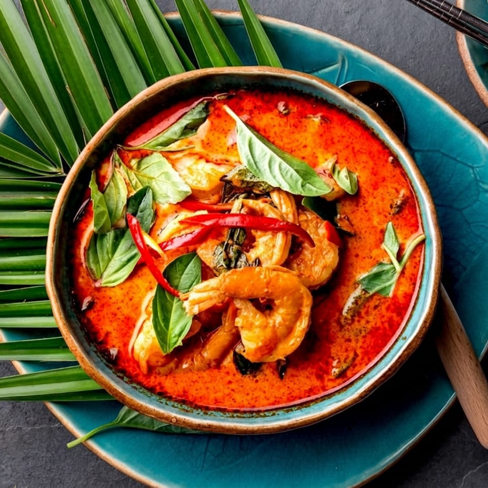 Overhead view of spicy red Thai curry with shrimp, basil, and chilies, served beside jasmine rice on a blue plate.