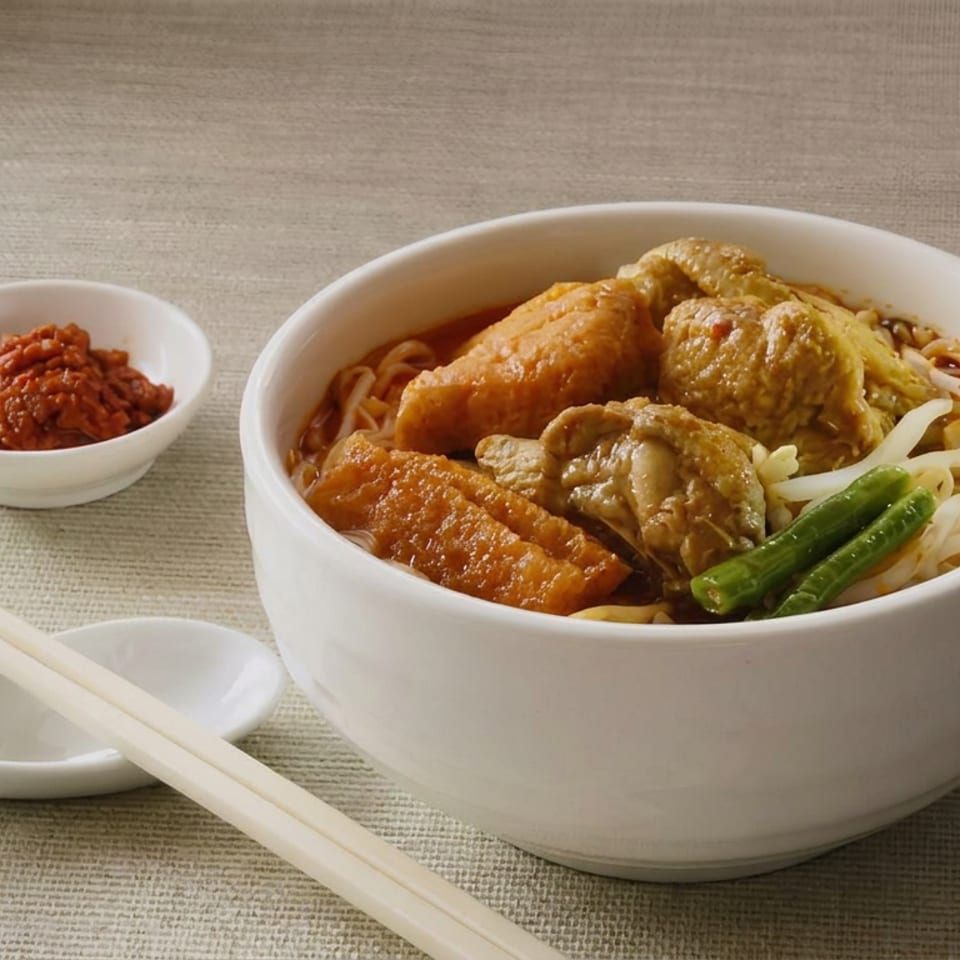 Bowl of noodle soup topped with fried tofu, vegetables, mushrooms, and green beans, served with chili paste, spoon, and chopsticks.