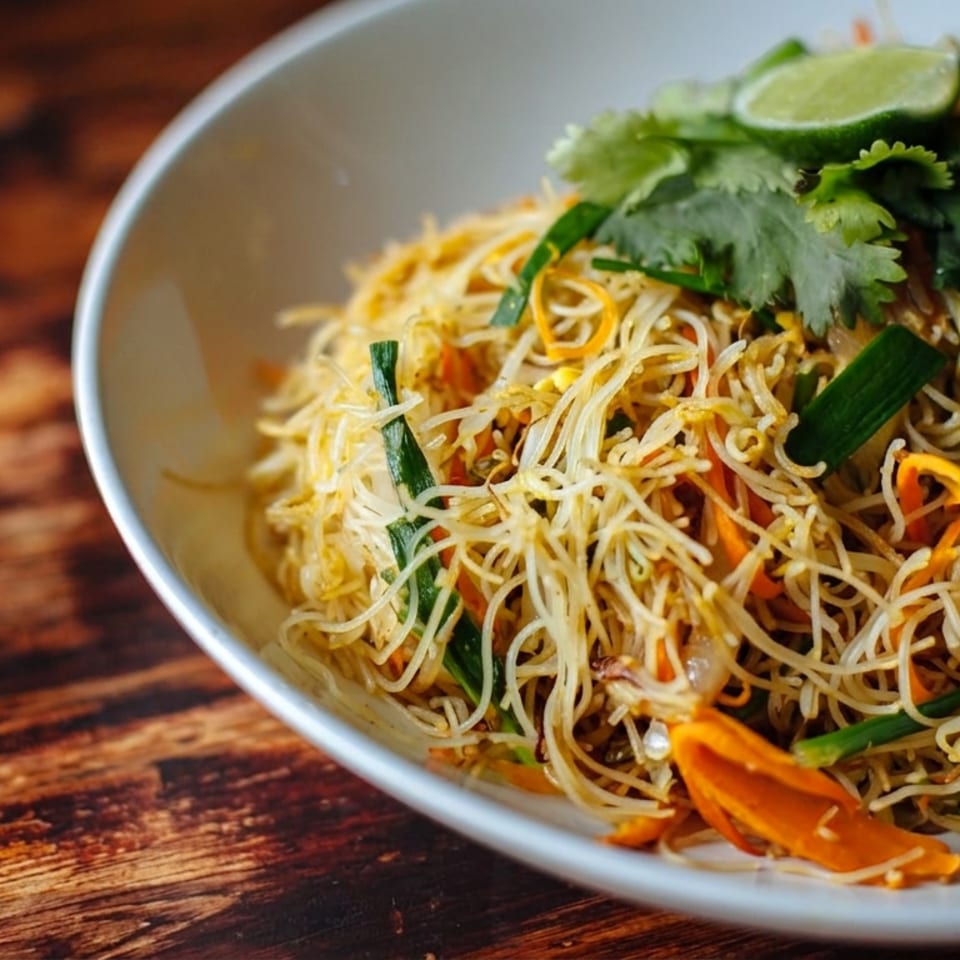 Stir-fried rice noodles with vegetables, scallions, cilantro, and lime in a bowl on a wooden table.